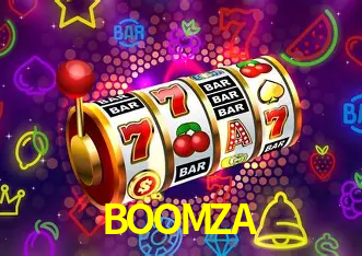 Una escena digital vívida inspirada en casino con BOOMZA mostrado prominentemente, luces brillantes, fichas, cartas y acentos dorados.