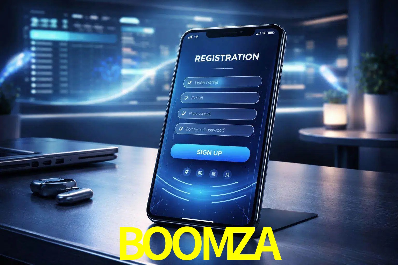 Una interfaz moderna de registro móvil para BOOMZA mostrada en un smartphone con un panel de apuestas elegante.